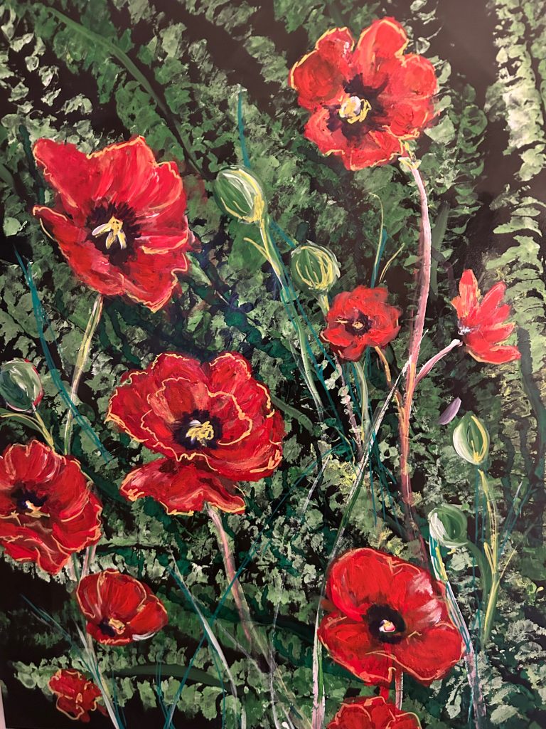 Susan Perpich - Field of Red Poppies mixed media. acrylics, gold leaf, spray paint