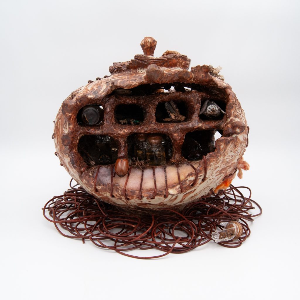 Jillian Heusohn - "The Space Within, The Space Without" / Ceramic, glaze, leather cord, remains, fiber