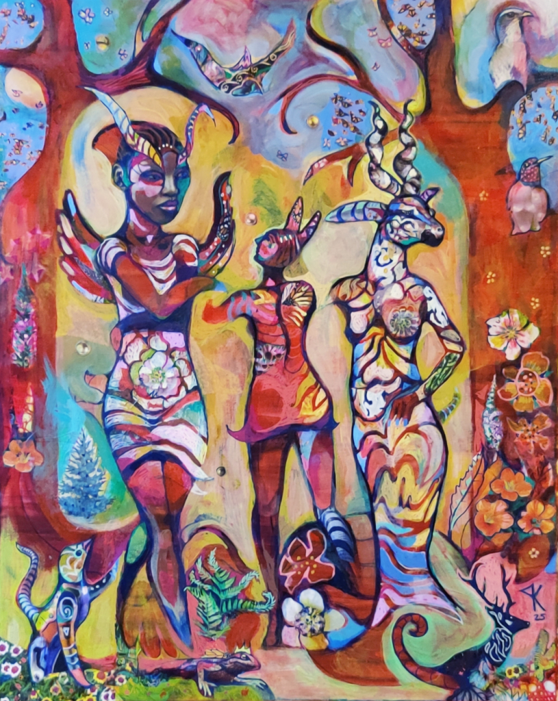 Paula Keyth - Forest Chimeras' acrylics, collage, and paint pens on canvas