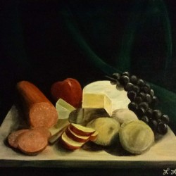 Lisa Boozer Charcuterie Acrylic paint on stretched canvas 350.00 Scrappersleatherpatchhandcraftedstudio.art