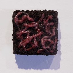 Pile of Worms, acrylic, hot glue, and dirt on panel. - https://briannafairbrother.wixsite.com/brianna-fairbrother Brianna Fairbrother