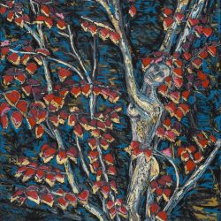 Daphne, oil pastel, watercolor pencil, and gold leaf on black mixed media paper - 13Lemons.com Michelle S Miller