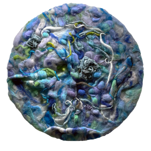 Cell/Water Wool, yarn, and thread on canvas, 24 in. diameter - No Website Hiromi Isobe - Cell/Water Wool, yarn, and thread on canvas, 24 in. diameter