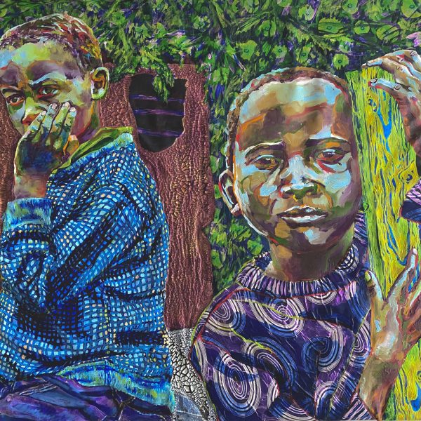 Siblings with Mud House by Heidi Brueckner using Oil, Acrylic, and Paper on Canvas